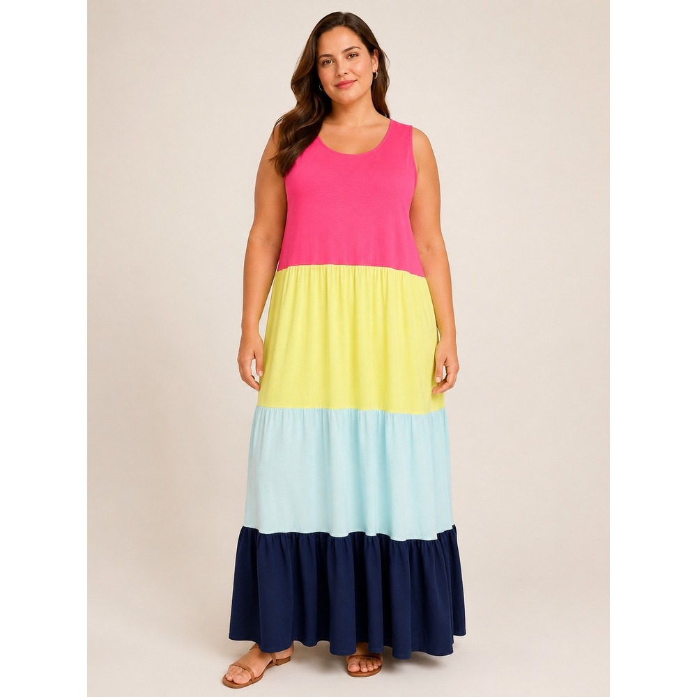 Lands End Womens Colorblock Tiered Maxi Dress 1X Pink Yellow Blue Sleeveless